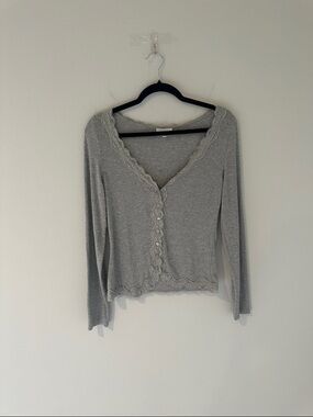 bohme Grey Lace-Trim Long Sleeve Button Cardigan